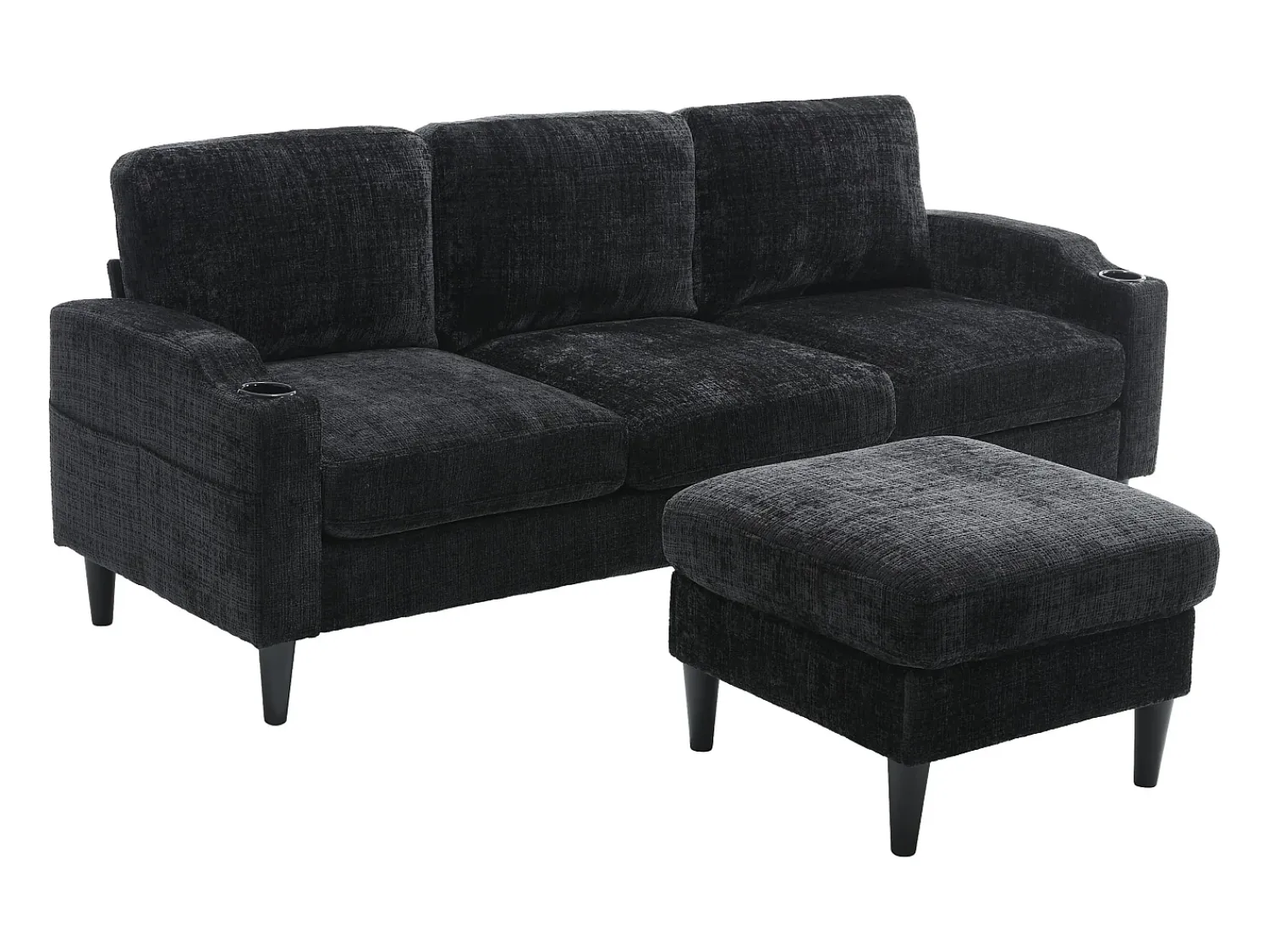 Sofá|Hauss Spole Sofá reto de 4 lugares com apoio para os pés, bolsos laterais e suporte para copos 196,5 x 75 x 77 cm Preto