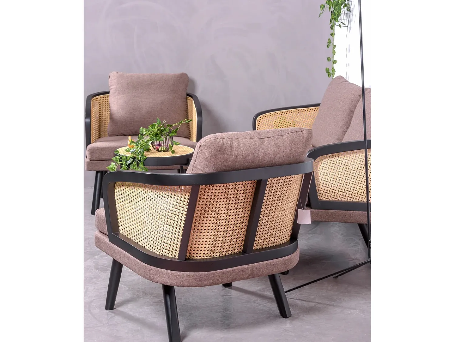 Hot Nest Dream Sofá retro vintage em rotim natural e almofada de algodão - Leeds - Preto