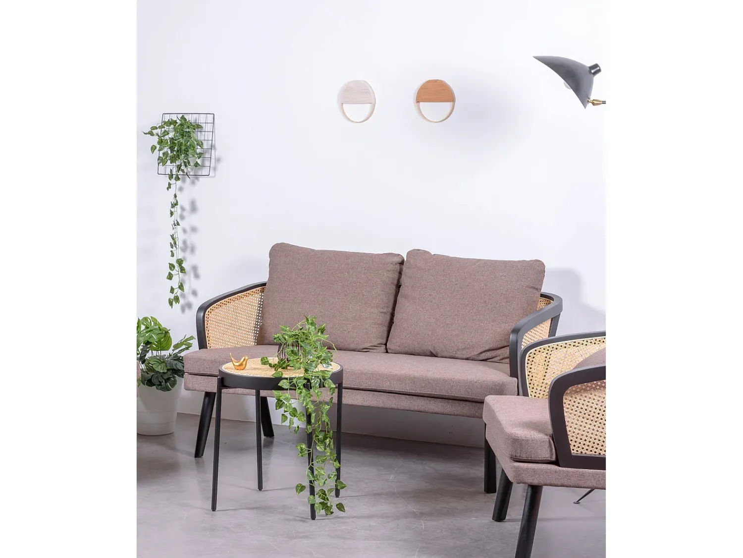 Hot Nest Dream Sofá retro vintage em rotim natural e almofada de algodão - Leeds - Preto