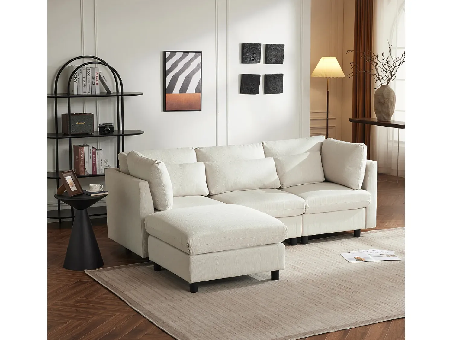 Merax Sofá reversível de canto de 3 lugares com apoio para pés - 220 x 83 x 81 cm - Tecido de linho - Bege