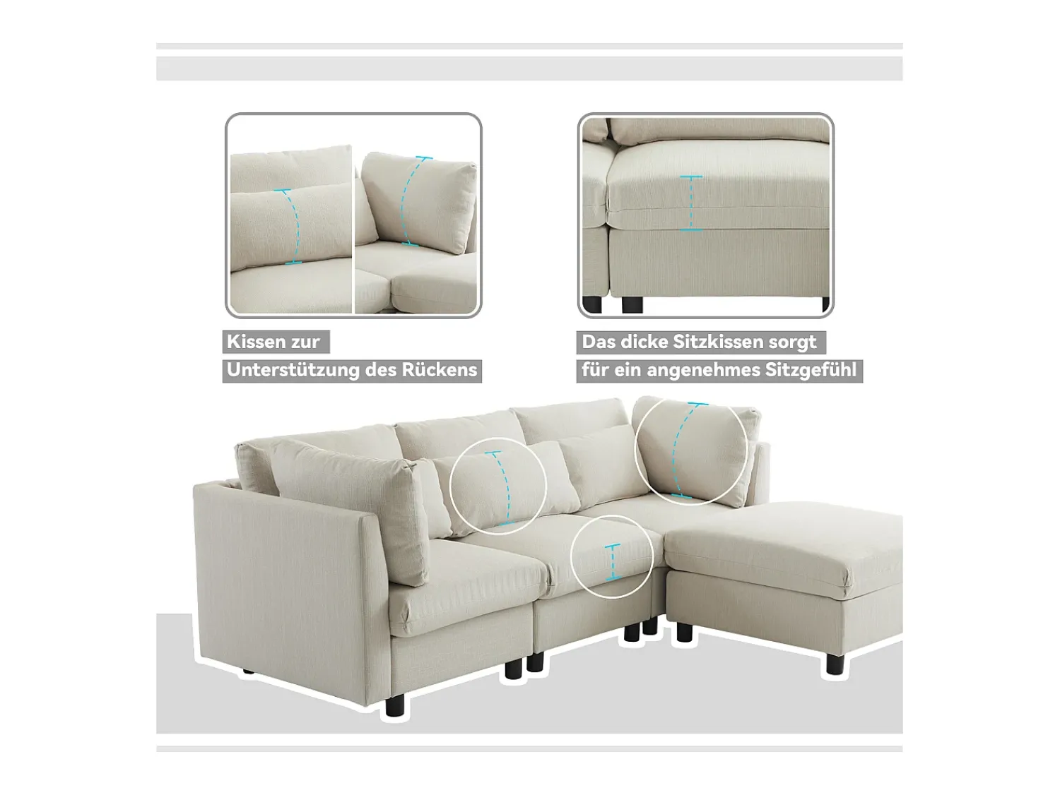 Merax Sofá reversível de canto de 3 lugares com apoio para pés - 220 x 83 x 81 cm - Tecido de linho - Bege
