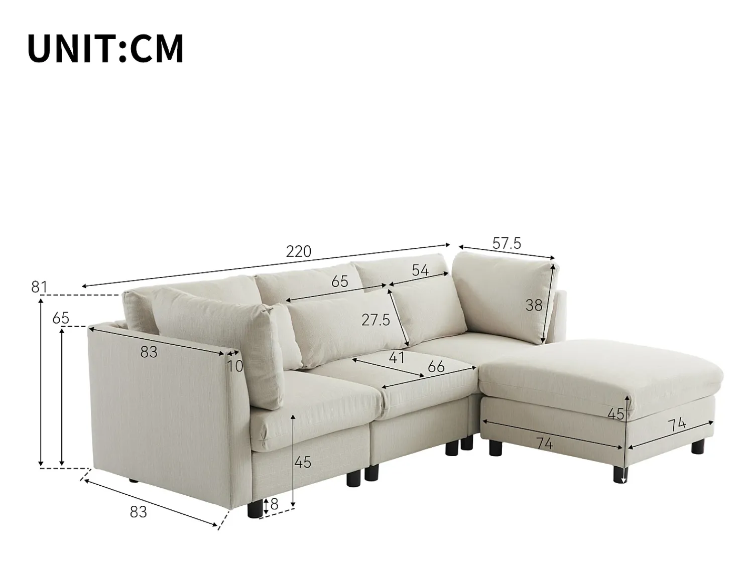 Merax Sofá reversível de canto de 3 lugares com apoio para pés - 220 x 83 x 81 cm - Tecido de linho - Bege