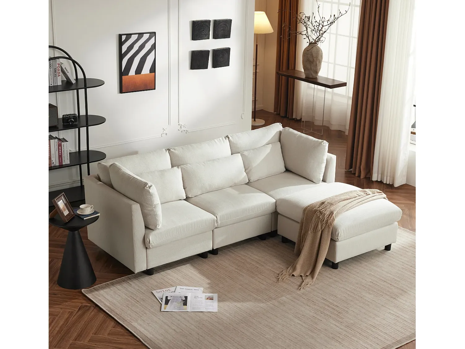 Merax Sofá reversível de canto de 3 lugares com apoio para pés - 220 x 83 x 81 cm - Tecido de linho - Bege