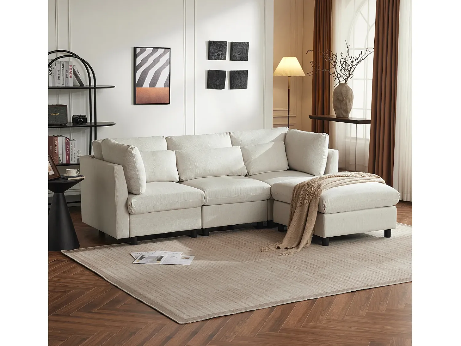 Merax Sofá reversível de canto de 3 lugares com apoio para pés - 220 x 83 x 81 cm - Tecido de linho - Bege