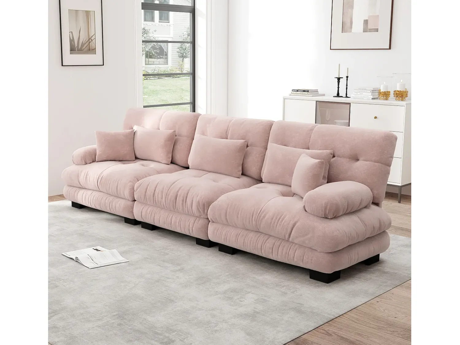 Online Sofá de 3 lugares - Sofá reto com 3 almofadas lombares e 3 almofadas decorativas - chenille Rosa