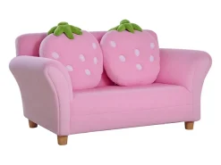 Sofá de 2 lugares - Sofá infantil com 2 almofadas e braços com estampado de morango^ Sofá