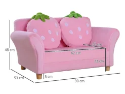 Sofá de 2 lugares - Sofá infantil com 2 almofadas e braços com estampado de morango^ Sofá