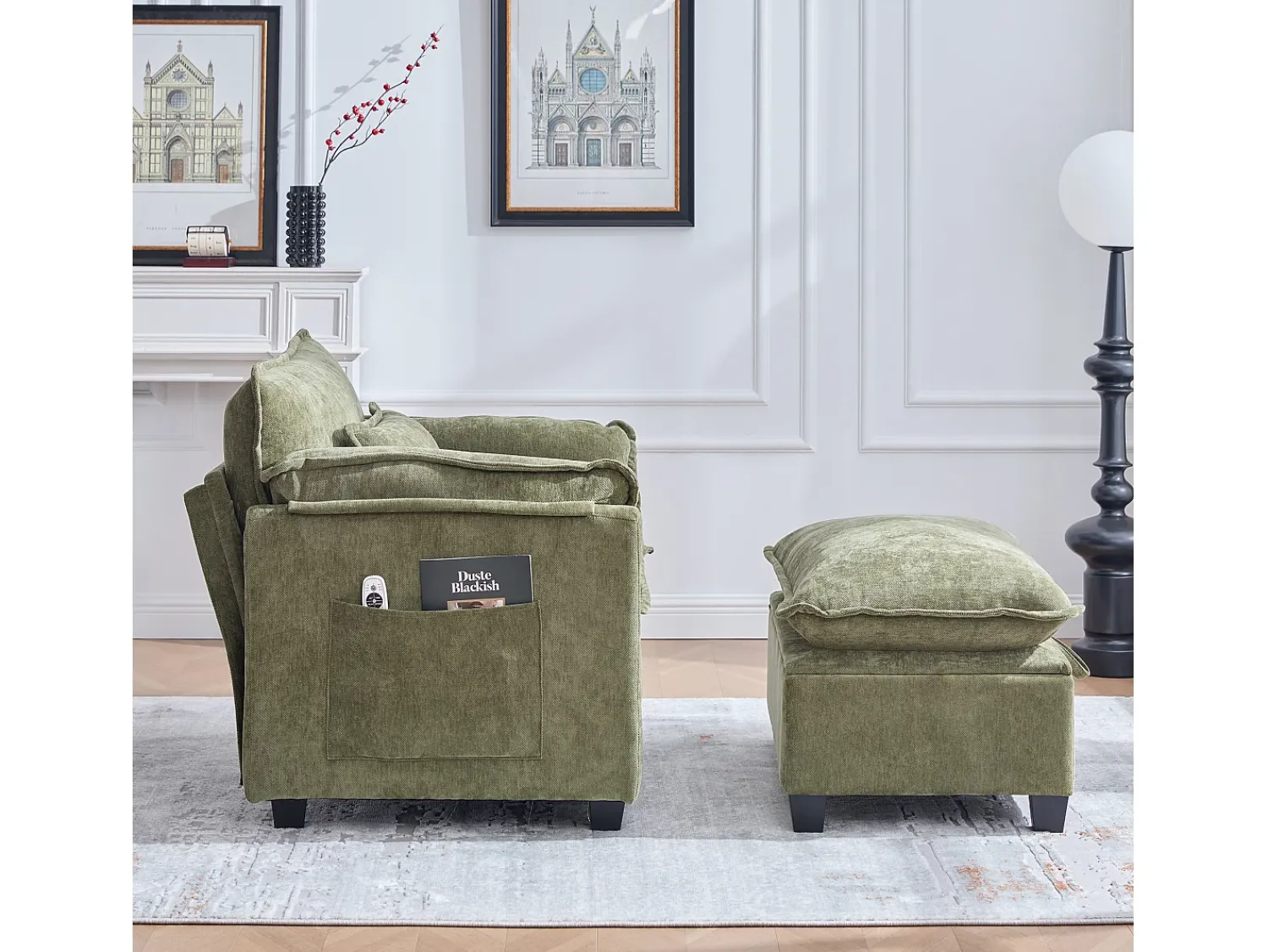 Sofá com bolsos laterais e apoio para os pés - Chenille - para sala de estar e quarto^ Sofá