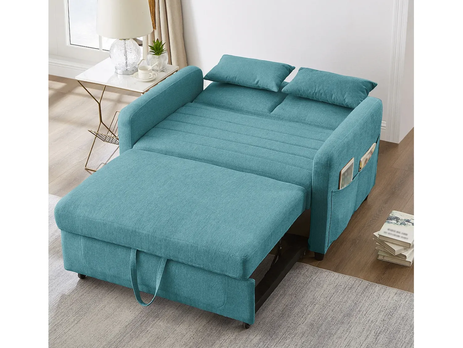 Sofá| Sofá de 2 lugares - Sofá lounge com função de extensão e duas almofadas - Encosto ajustável - Tecido de algodão e linho Verde