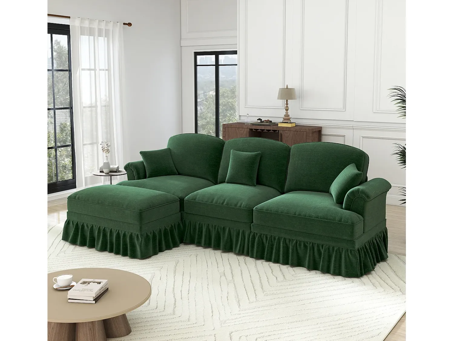 Hauss Spole Sofá de 3 lugares com apoio lombar - Apoio para os pés móvel - Tecido chenille Verde