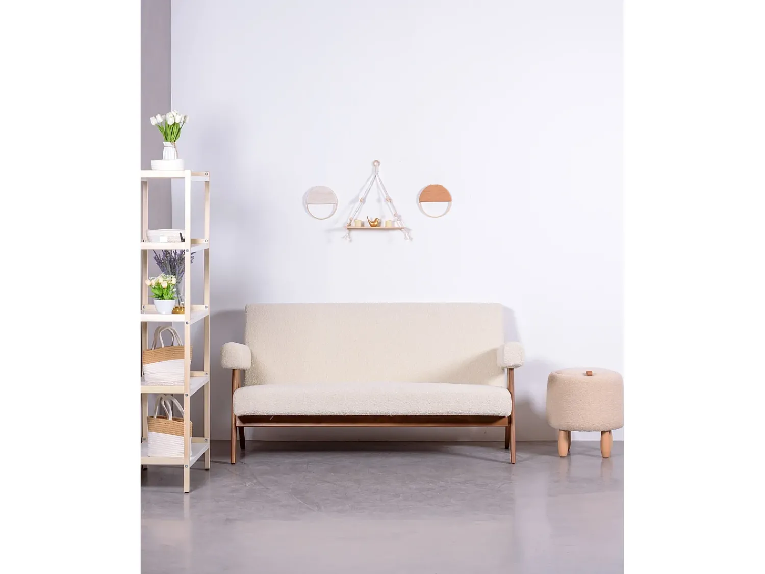 Sofá*Nest Dream Sofá vintage em madeira de teca e estofamento boucle - Daneu - Branco