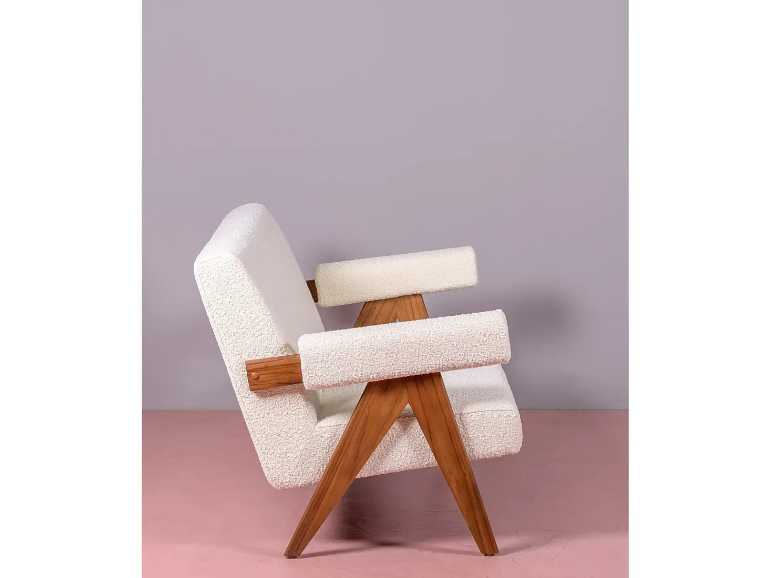 Sofá*Nest Dream Sofá vintage em madeira de teca e estofamento boucle - Daneu - Branco