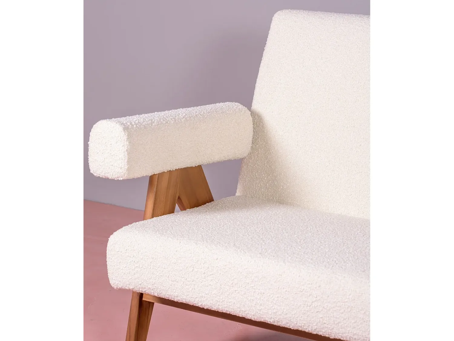 Sofá*Nest Dream Sofá vintage em madeira de teca e estofamento boucle - Daneu - Branco