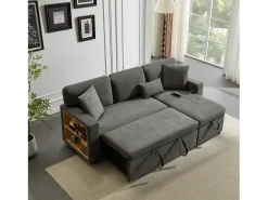 ModernLuxe Sofá 215x133x85 cm - com porta USB - com arrumação - com função de cama - cinza^ Sofá