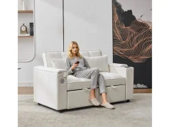 Outlet Merax Sofá-cama 2 lugares 3 em 1 - 140,5 x 74 x 82 cm - com encosto ajustável + USB + 1 mesa escondida - MDF - Bege