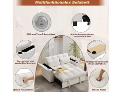 Outlet Merax Sofá-cama 2 lugares 3 em 1 - 140,5 x 74 x 82 cm - com encosto ajustável + USB + 1 mesa escondida - MDF - Bege