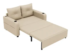 Sofá|ModernLuxe Sofá-cama 2 lugares 3 em 1 - Modelo desdobrável - Porta-copos e bolso lateral - Almofada de encosto - Porta USB - algodão e linho - Bege
