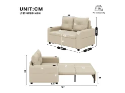 Sofá|ModernLuxe Sofá-cama 2 lugares 3 em 1 - Modelo desdobrável - Porta-copos e bolso lateral - Almofada de encosto - Porta USB - algodão e linho - Bege