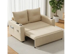 Sofá|ModernLuxe Sofá-cama 2 lugares 3 em 1 - Modelo desdobrável - Porta-copos e bolso lateral - Almofada de encosto - Porta USB - algodão e linho - Bege