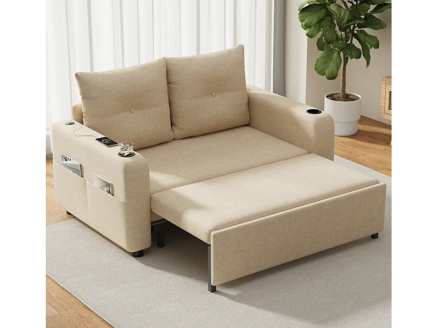 Sofá|ModernLuxe Sofá-cama 2 lugares 3 em 1 - Modelo desdobrável - Porta-copos e bolso lateral - Almofada de encosto - Porta USB - algodão e linho - Bege