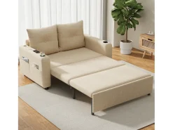 Sofá|ModernLuxe Sofá-cama 2 lugares 3 em 1 - Modelo desdobrável - Porta-copos e bolso lateral - Almofada de encosto - Porta USB - algodão e linho - Bege