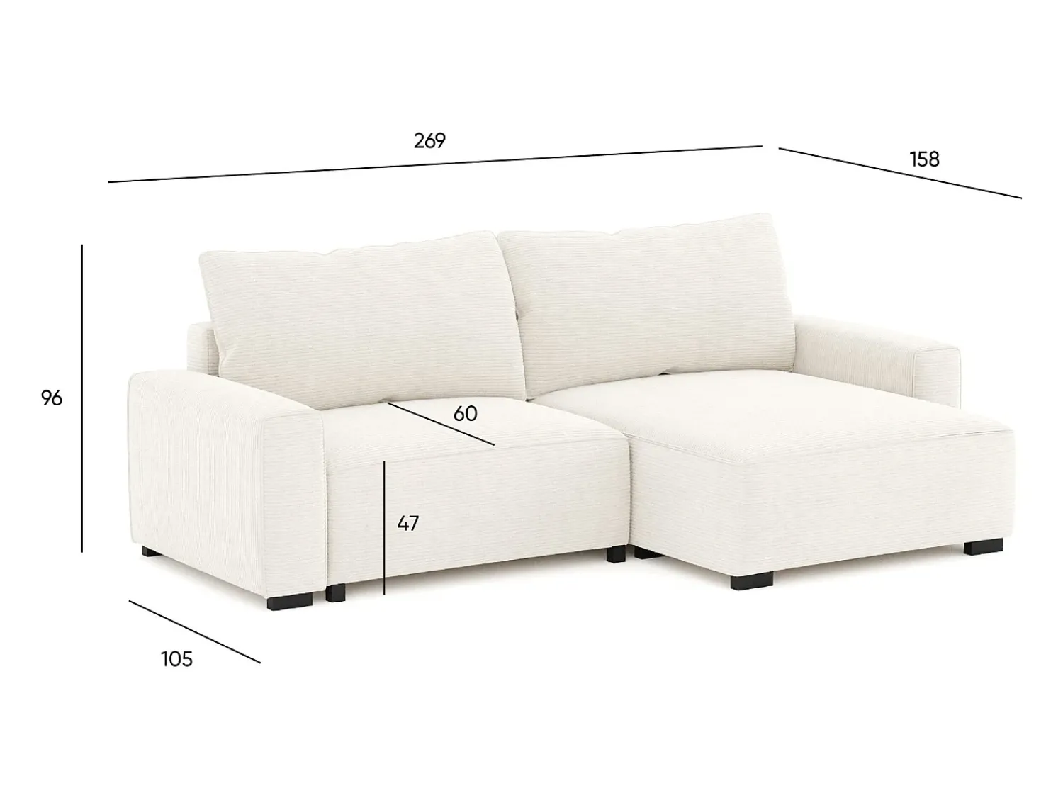 Sofá| Sofá-cama 3 lugares - chaise reversível lado direito/esquerdoche com arrumação integrada (269 x 158 x 96 cm) - LAUREN Bege