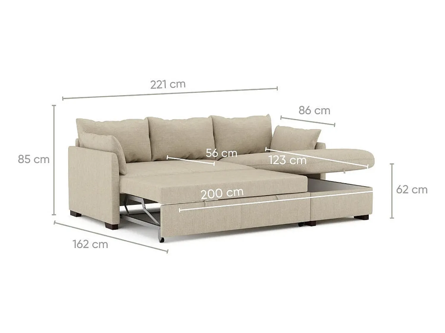 Sofá* Sofá-cama 3 lugares - chaise longue reversível lado direito/esquerdoche com arrumação integrada (221 x 162 x 85 cm) - ORLANDO Bege