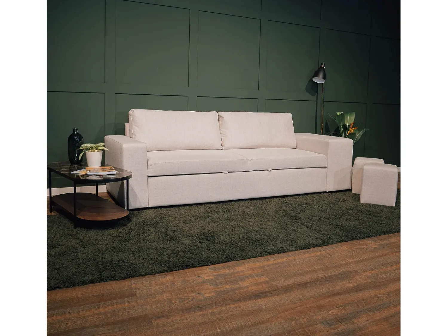 Sofá| Sofá-cama 3 lugares chaise longue reversível lado direito/esquerdoche com 2 pufes (248 x 117 x 90 cm) - AVERY Bege