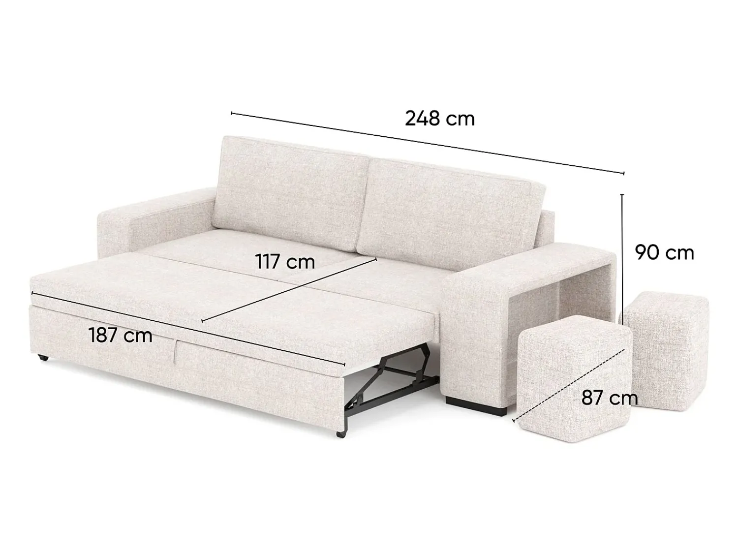 Sofá| Sofá-cama 3 lugares chaise longue reversível lado direito/esquerdoche com 2 pufes (248 x 117 x 90 cm) - AVERY Bege