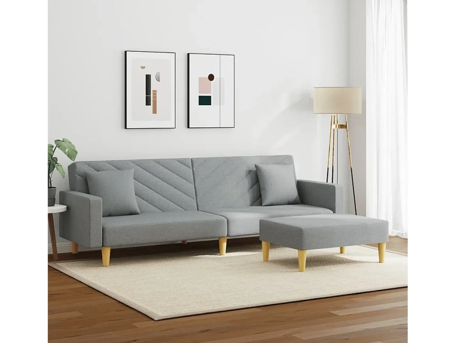 New Sofá-cama 2 lugares c/ almofadas e apoio pés tecido cinza-claro PT261452 Cinzento