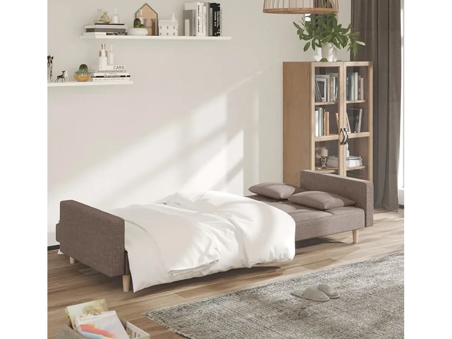 Sofá-cama 2 lugares c/ duas almofadas tecido cinza-acastanhado PT222449^ Sofá