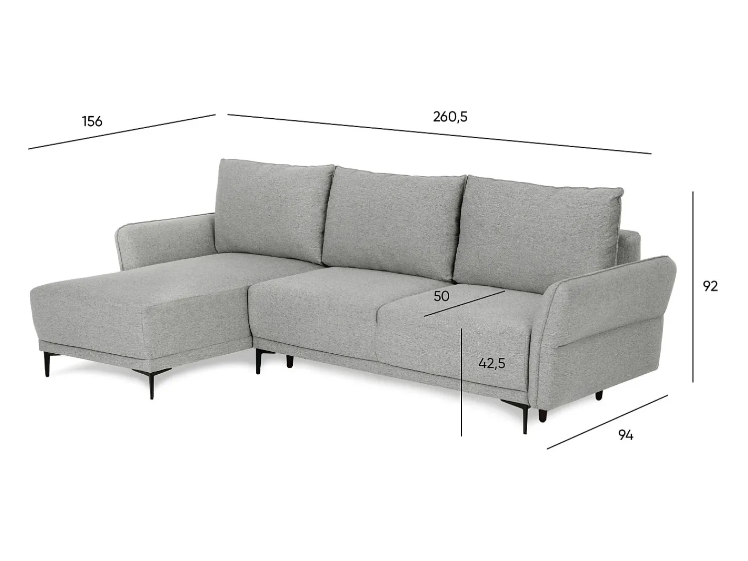 Sofá| Sofá-cama 3 lugares Cinzento Tempestade + chaise longue reversível lado direito/esquerdoche (260,5 x 156 x 92 cm) - TOBY Cinzento claro