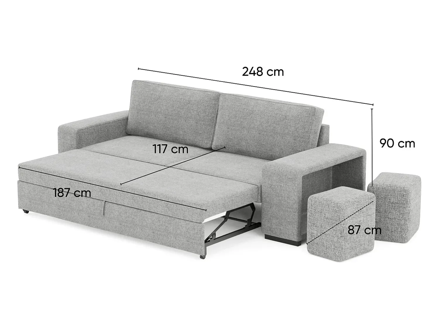 Sofá* Sofá-cama 3 lugares chaise longue reversível lado direito/esquerdoche com 2 pufes (248 x 117 x 90 cm) - AVERY Cinzento
