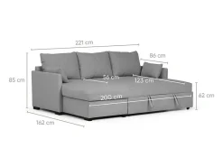 Sofá| Sofá-cama 3 lugares - chaise longue reversível lado direito/esquerdoche com arrumação integrada (221 x 162 x 85 cm) - ORLANDO Cinzento