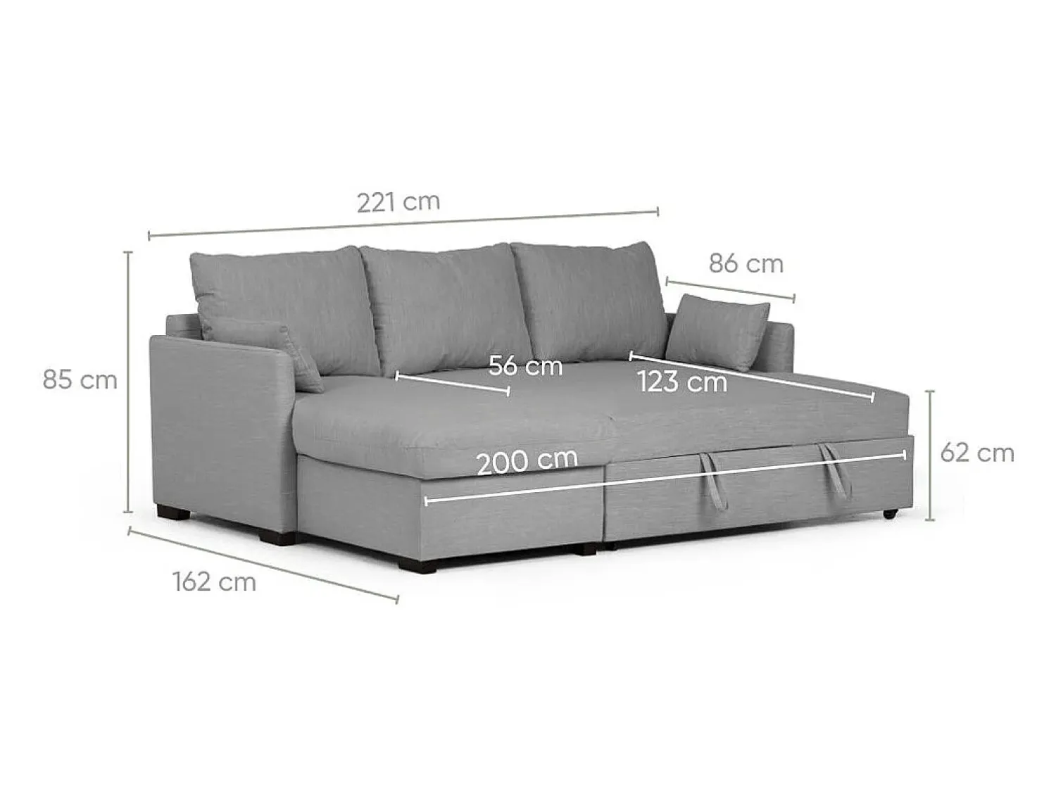 Sofá| Sofá-cama 3 lugares - chaise longue reversível lado direito/esquerdoche com arrumação integrada (221 x 162 x 85 cm) - ORLANDO Cinzento