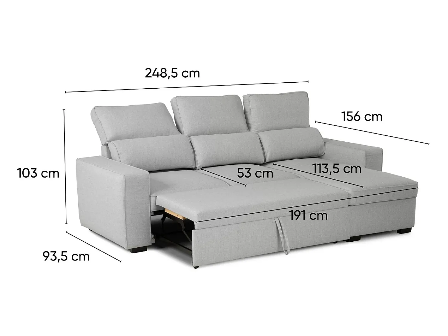 Sofá* Sofá-cama 3 lugares - chaise longue reversível lado direito/esquerdoche com arrumação integrada (248,5 x 117 x 103 cm) - HARPER Cinzento