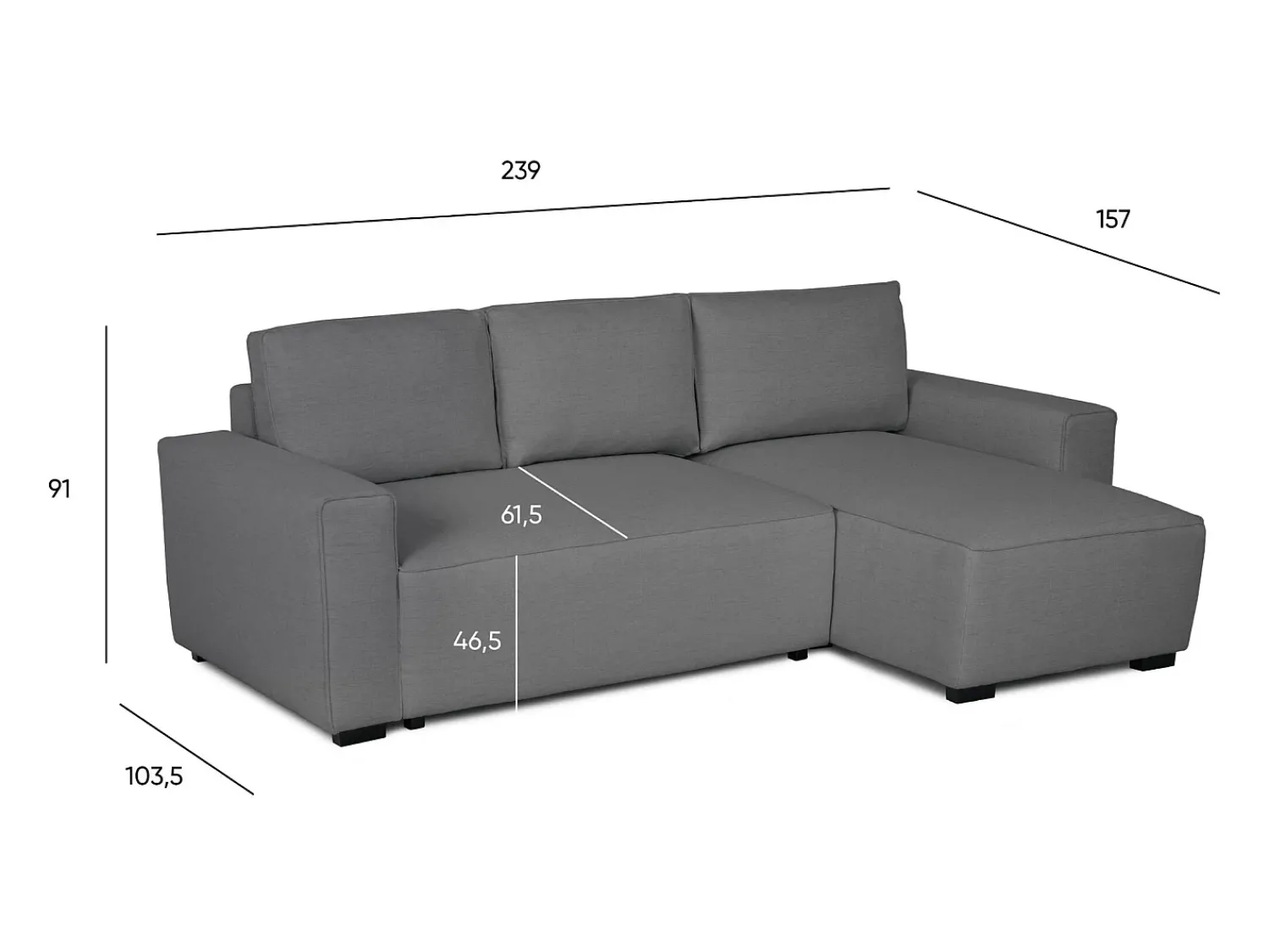 Hot Sofá-cama 3 lugares - chaise longue reversível lado direito/esquerdoche com arrumação integrada (239 x 157 x 91 cm) - JADE Cinzento