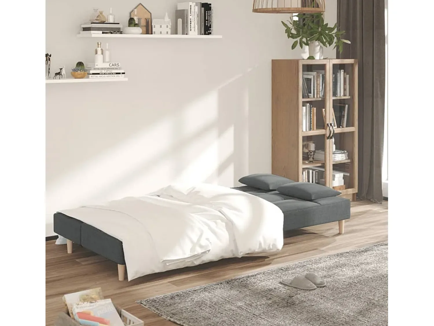 Sofá-cama 2 lugares com duas almofadas tecido -escuro PT138063^ Sofá