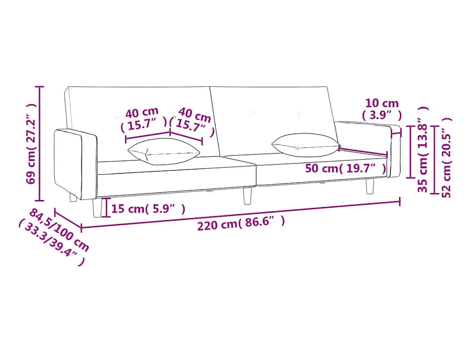 Sofá*vidaxl Sofá-cama 2 lugares com duas almofadas tecido -escuro Cinzento