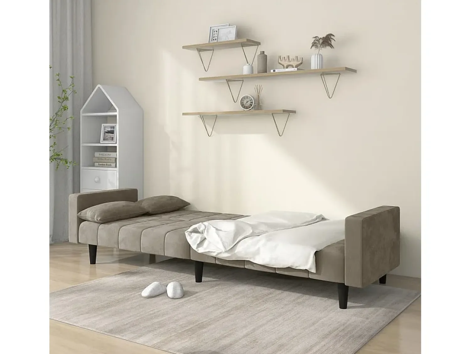 Sofá* Sofá-cama 2 lugares com duas almofadas veludo cinzento-claro PT887803 Cinzento claro