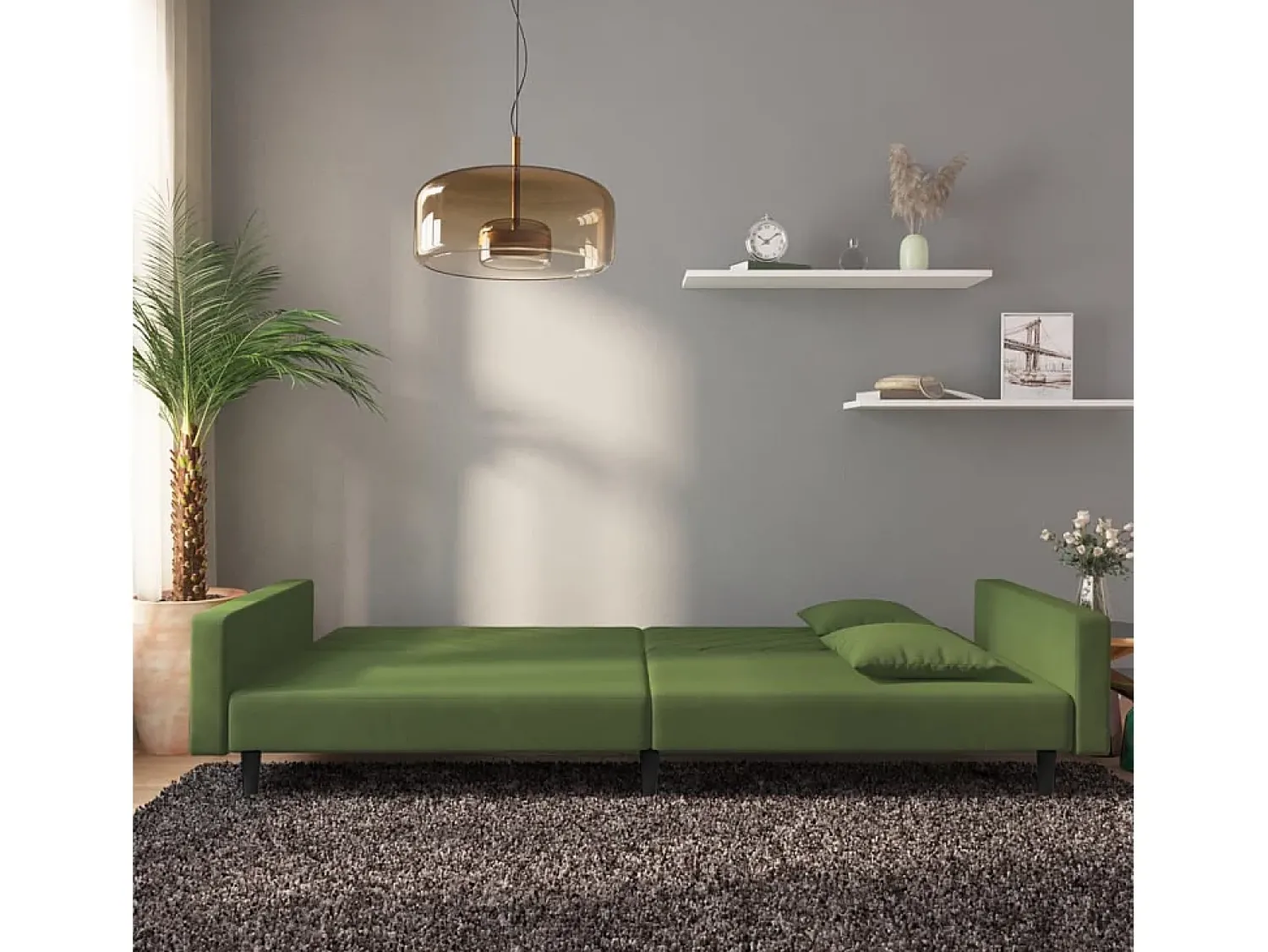 Sofá-cama 2 lugares com duas almofadas veludo -escuro PT578613^ Sofá