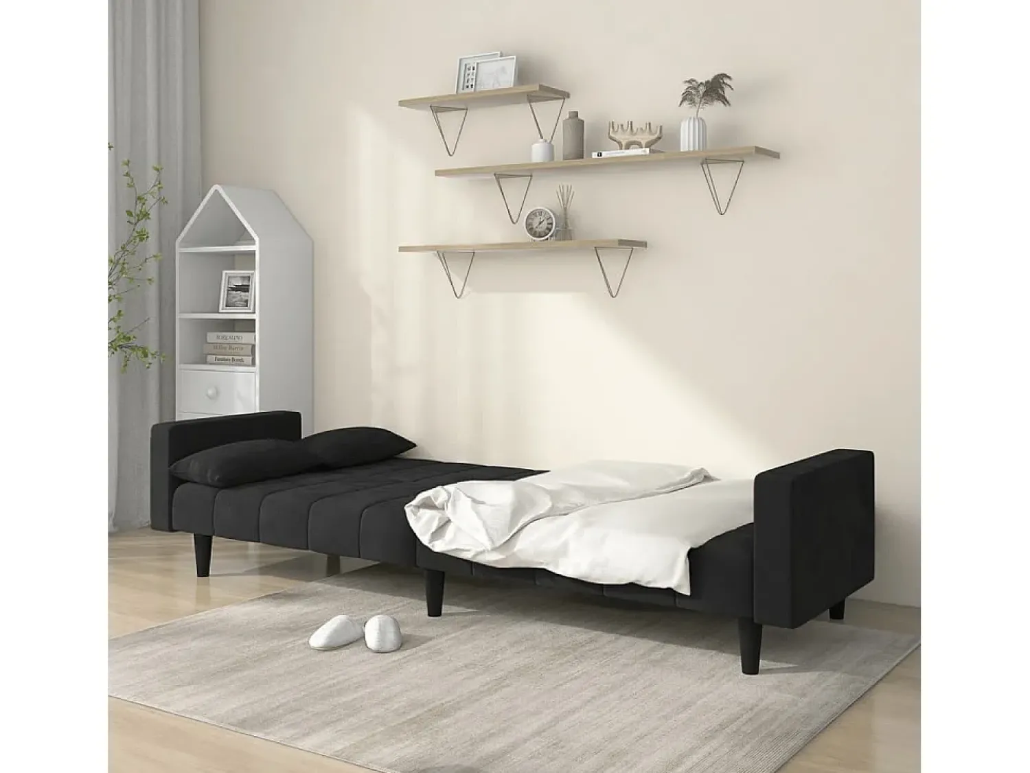 New Sofá-cama 2 lugares com duas almofadas veludo PT741415 Preto
