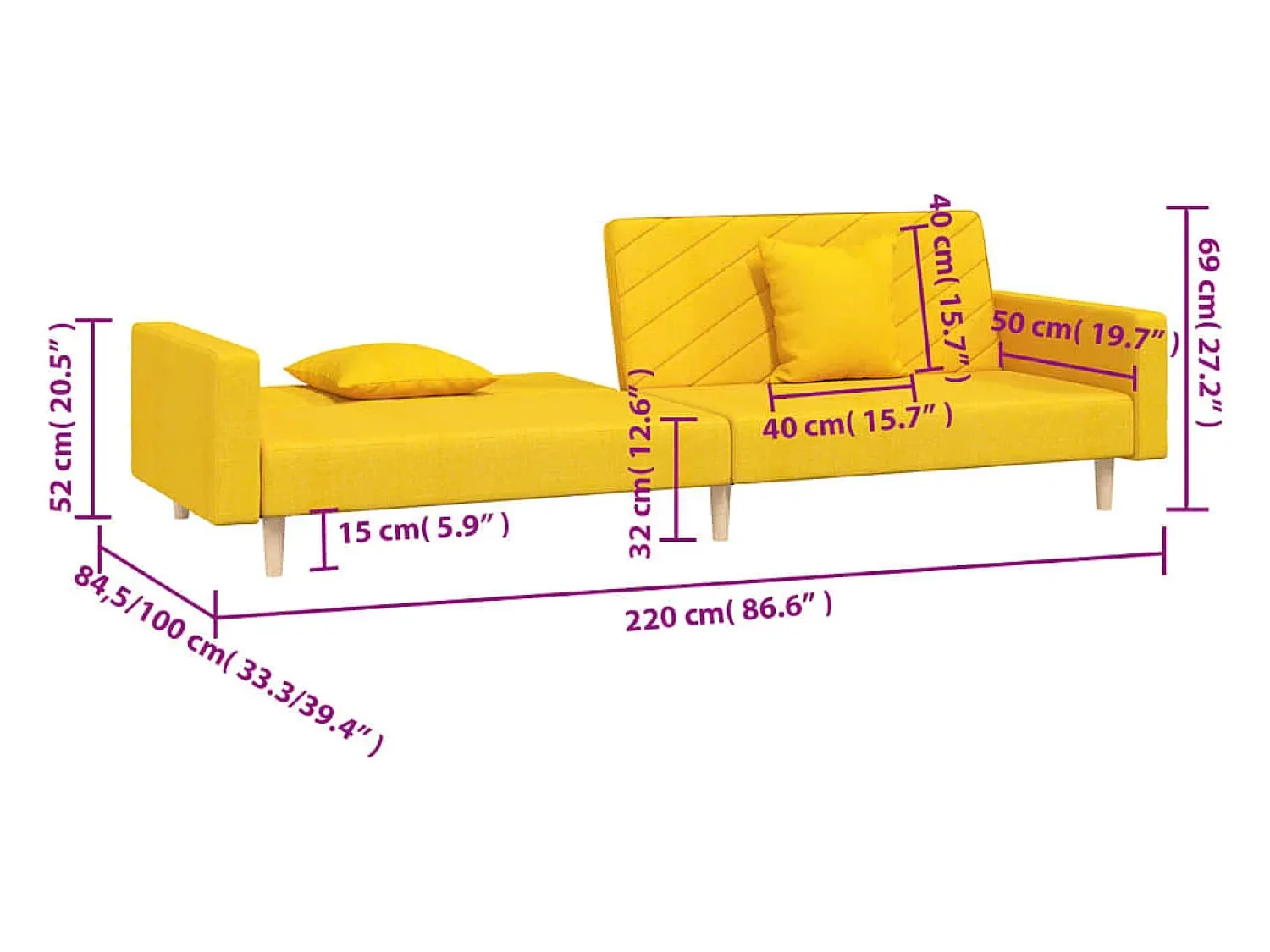 Sofá*vidaxl Sofá-cama 2 lugares com duas almofadas tecido Amarelo