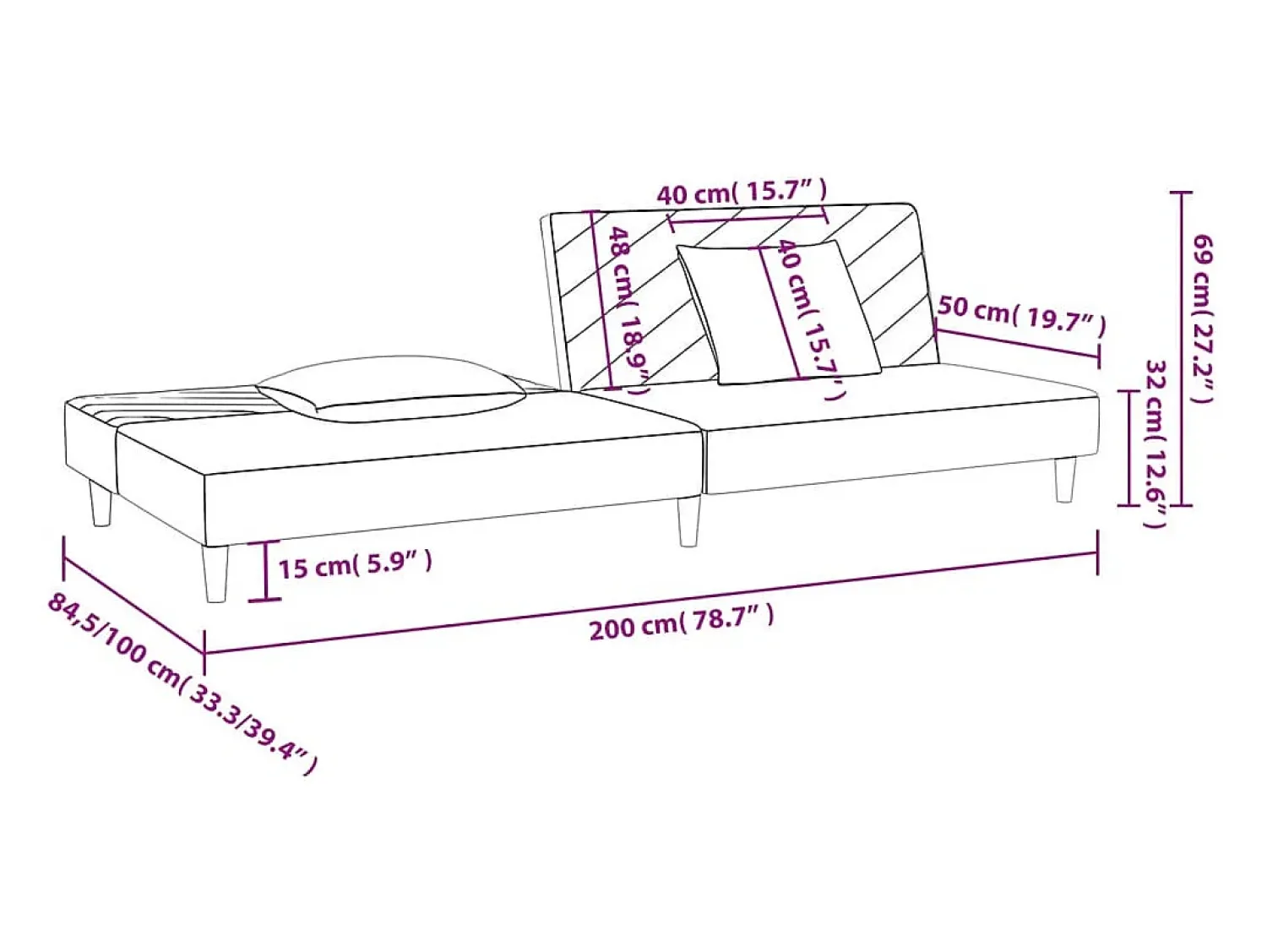 Sofá*vidaxl Sofá-cama 2 lugares com duas almofadas veludo Rosa