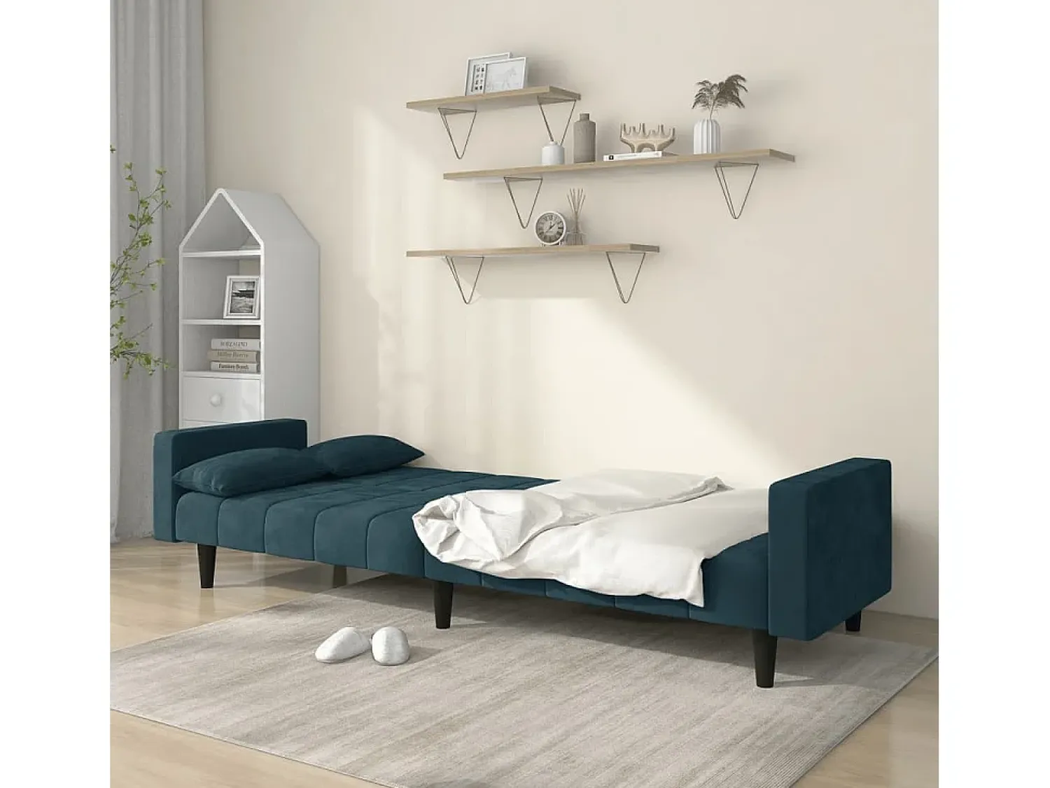 Sofá| Sofá-cama 2 lugares com duas almofadas veludo PT223931 Azul