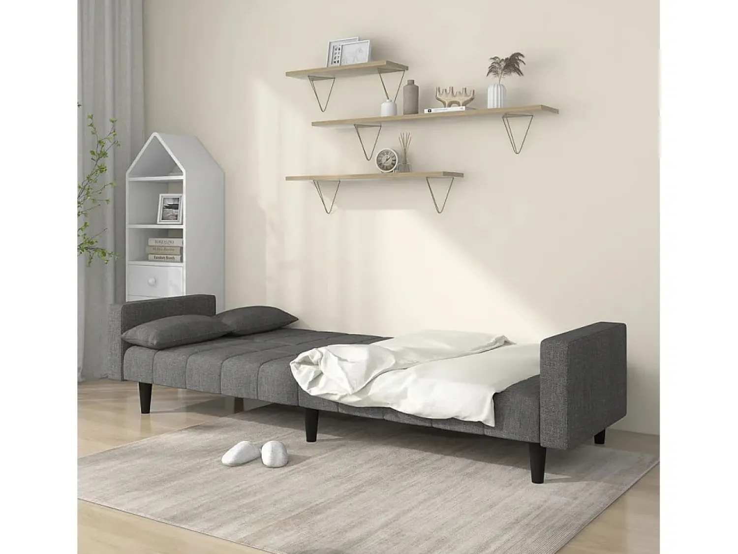 Sofá-cama 2 lugares com duas almofadas tecido cinzento-claro PT254435^ Sofá