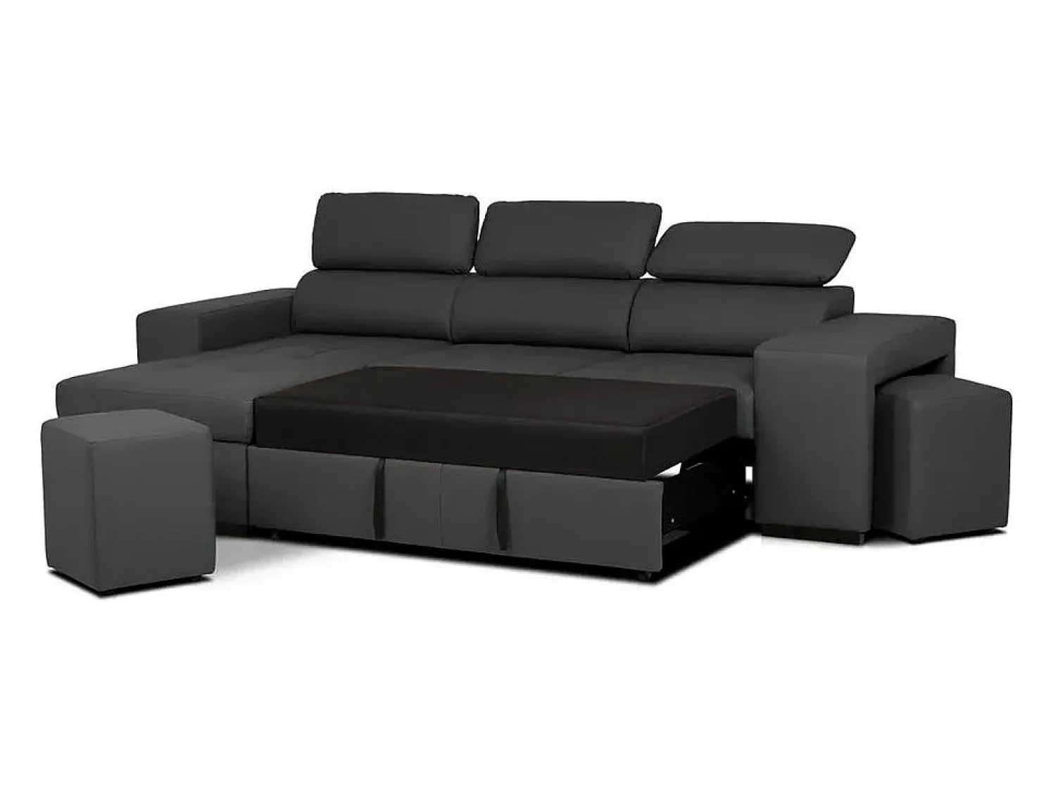 Sofá-cama 3 lugares avec chaise longue reversível lado direito/esquerdoche - cabeceiras ajustáveis - 2 Poufs (263 x 127 x 96 cm) - JOHN^ Sofá