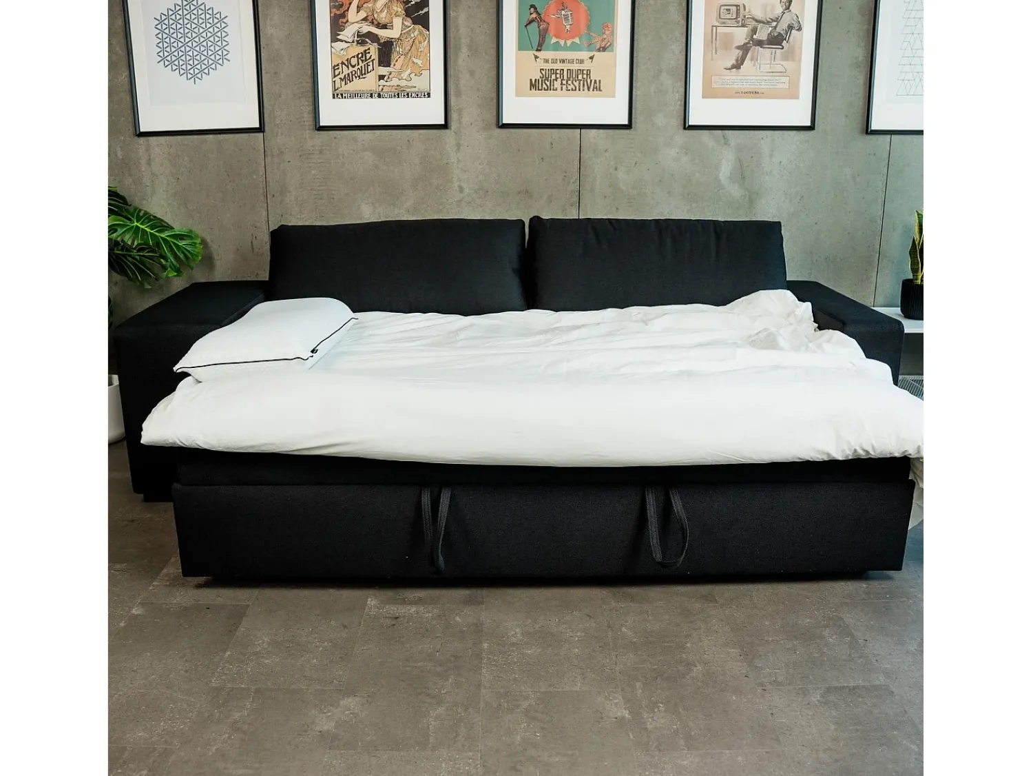 Sofá| Sofá-cama 3 lugares chaise longue reversível lado direito/esquerdoche com 2 pufes (248 x 117 x 90 cm) - AVERY Preto
