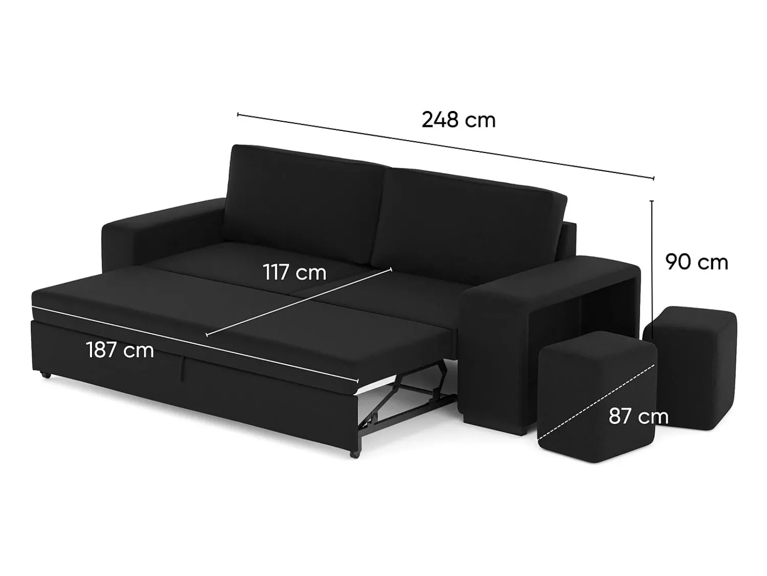 Sofá| Sofá-cama 3 lugares chaise longue reversível lado direito/esquerdoche com 2 pufes (248 x 117 x 90 cm) - AVERY Preto