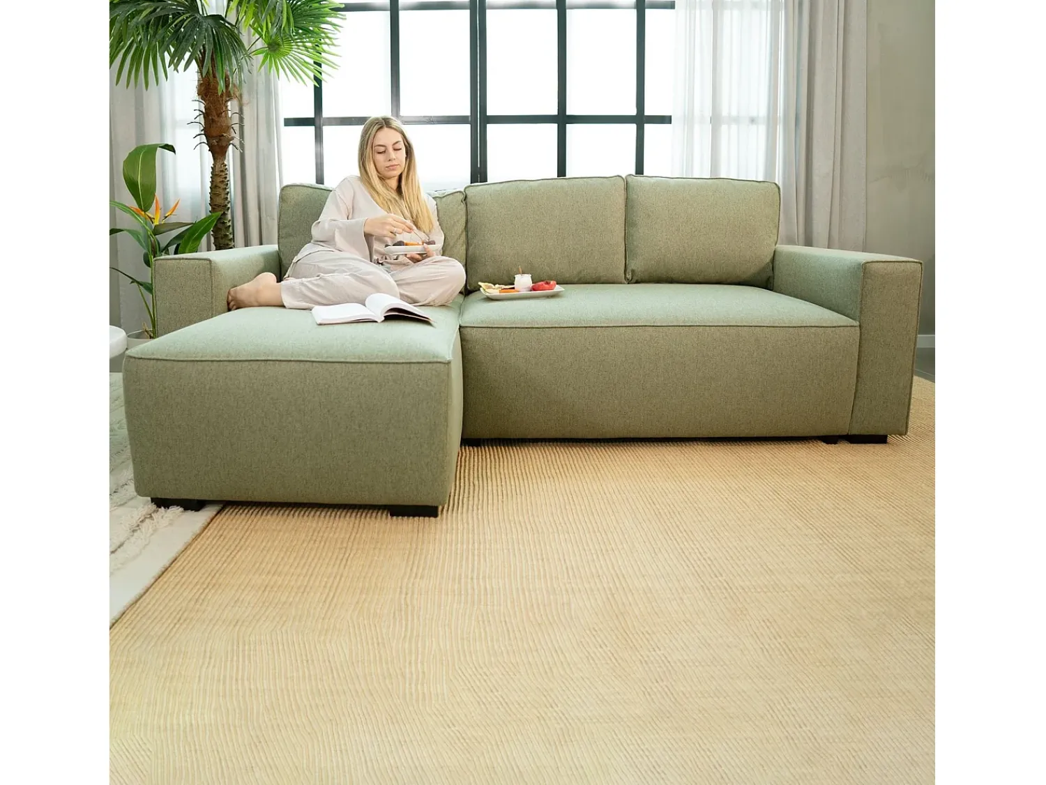 Outlet Sofá-cama 3 lugares - chaise longue reversível lado direito/esquerdoche com arrumação integrada (239 x 157 x 91 cm) - JADE Verde